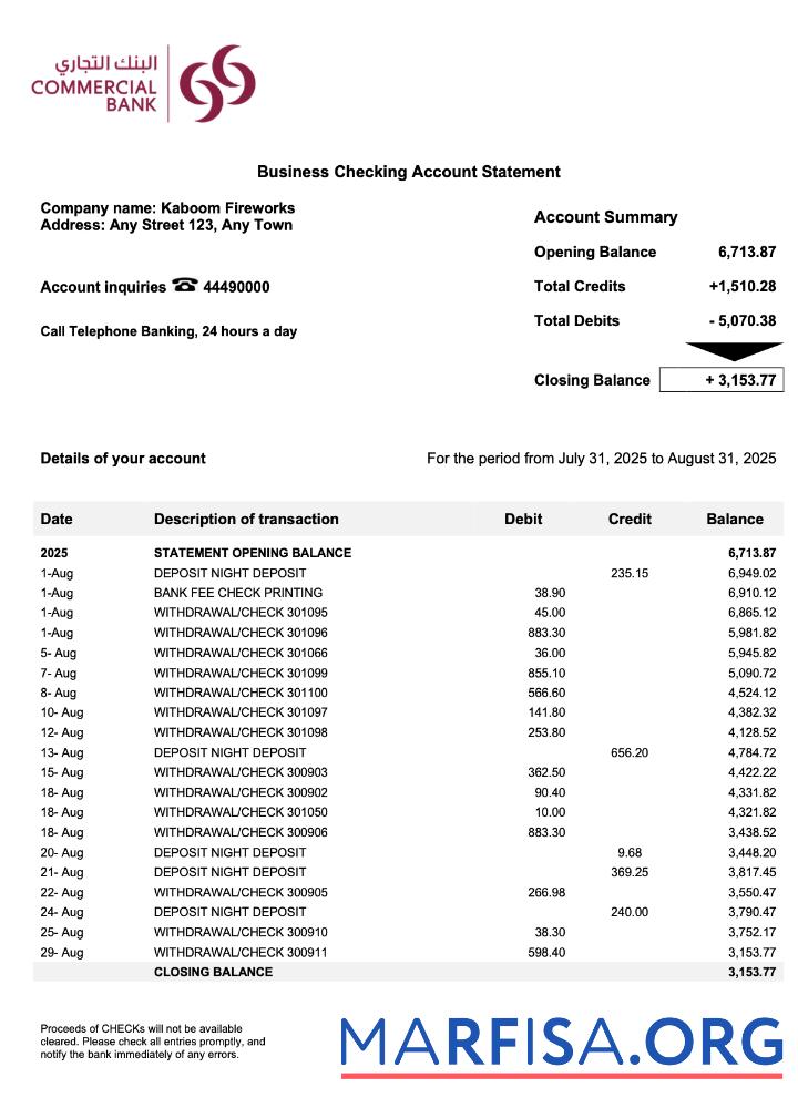 Realistic Qatar Commercial business account statement Word and PDF template